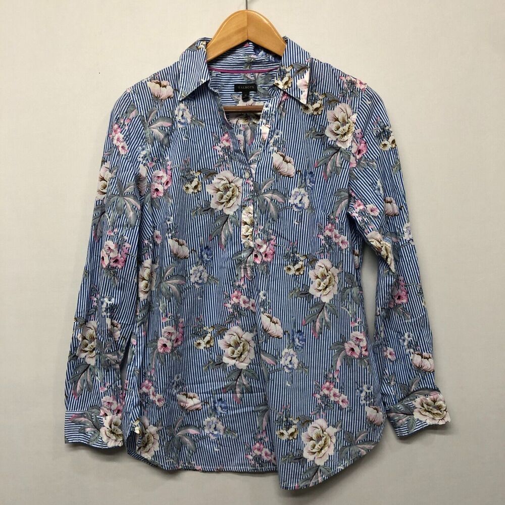 Talbots Women Long Sleeve Blouse Top Button Shirt Size Medium Floral B325 -18